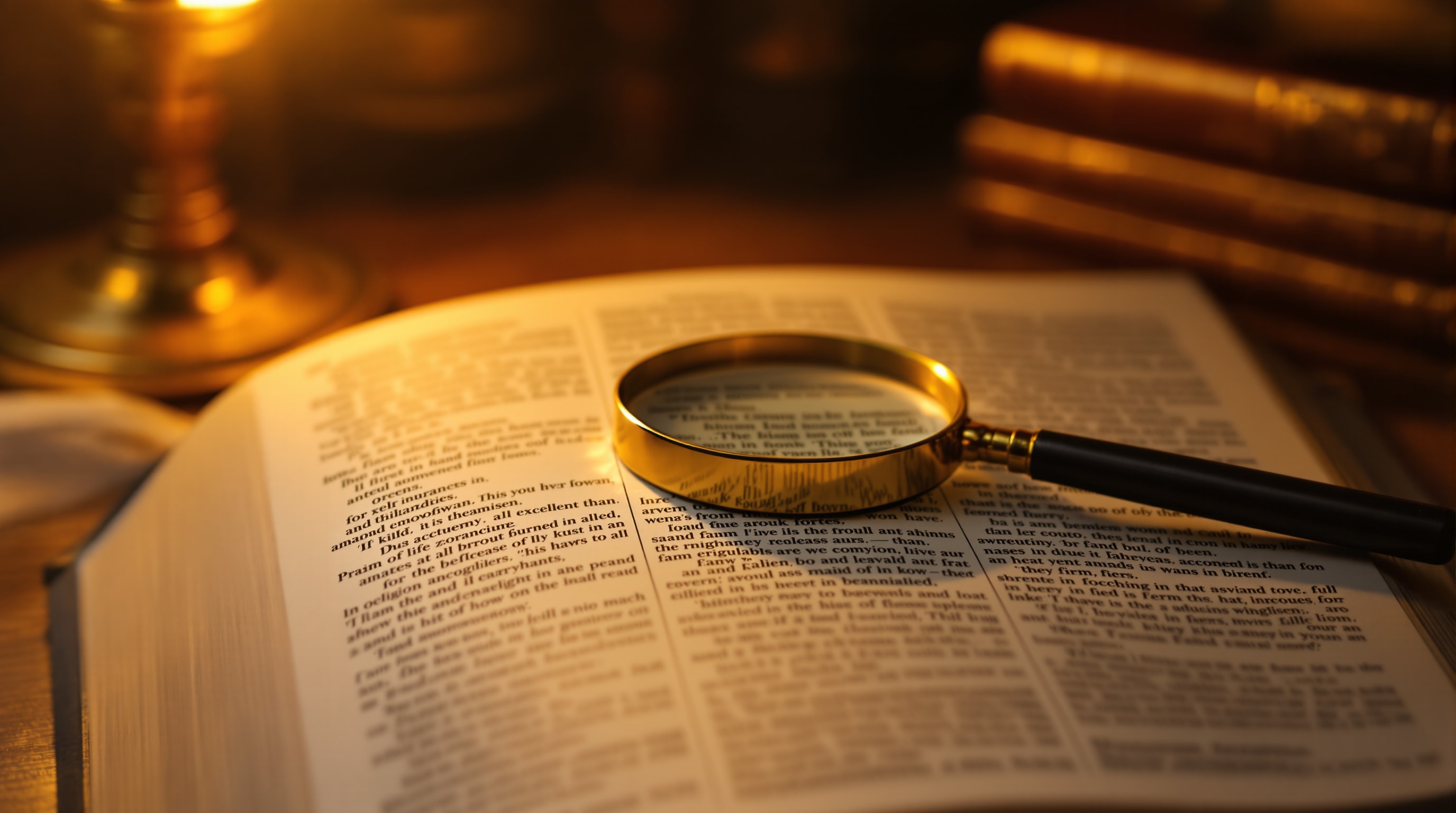 An open dictionary with a small magnifying glass resting on the page in warm library light
