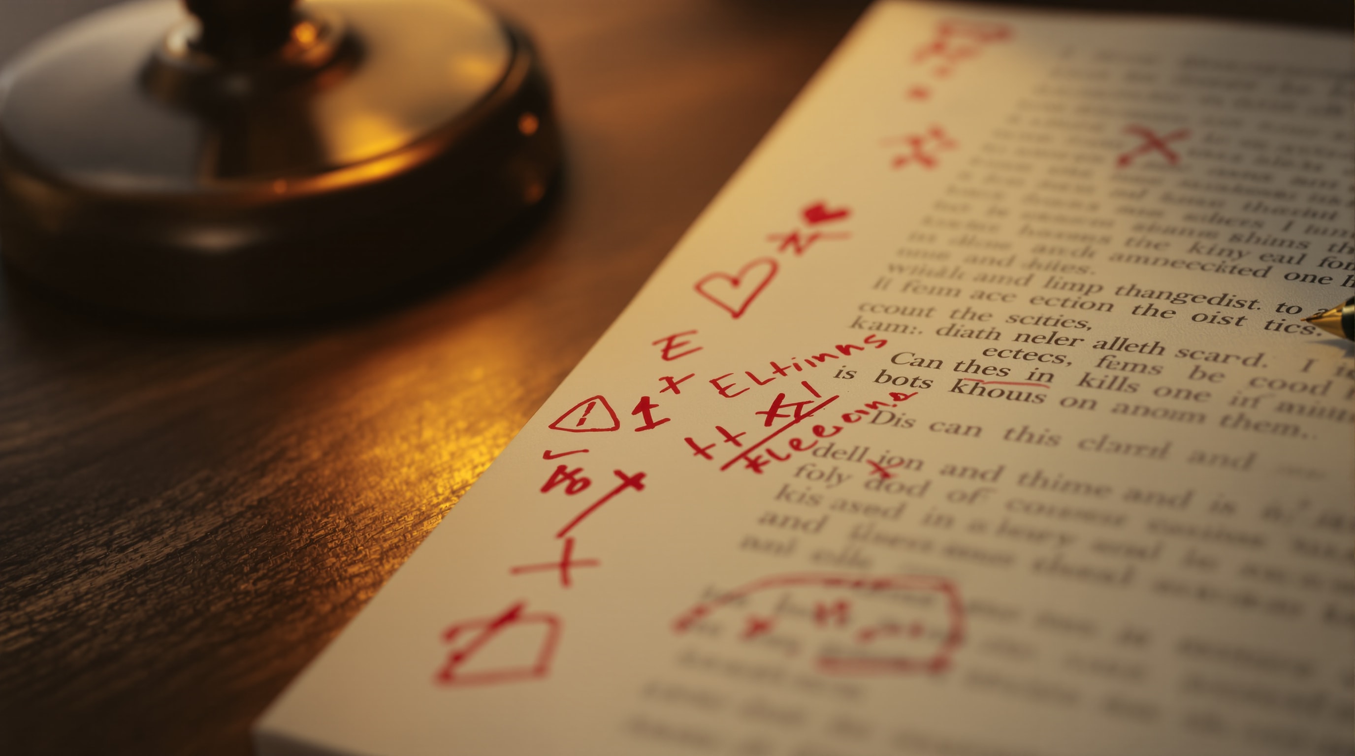 A printed manuscript page marked up with proofreading corrections in red ink beside a fountain pen