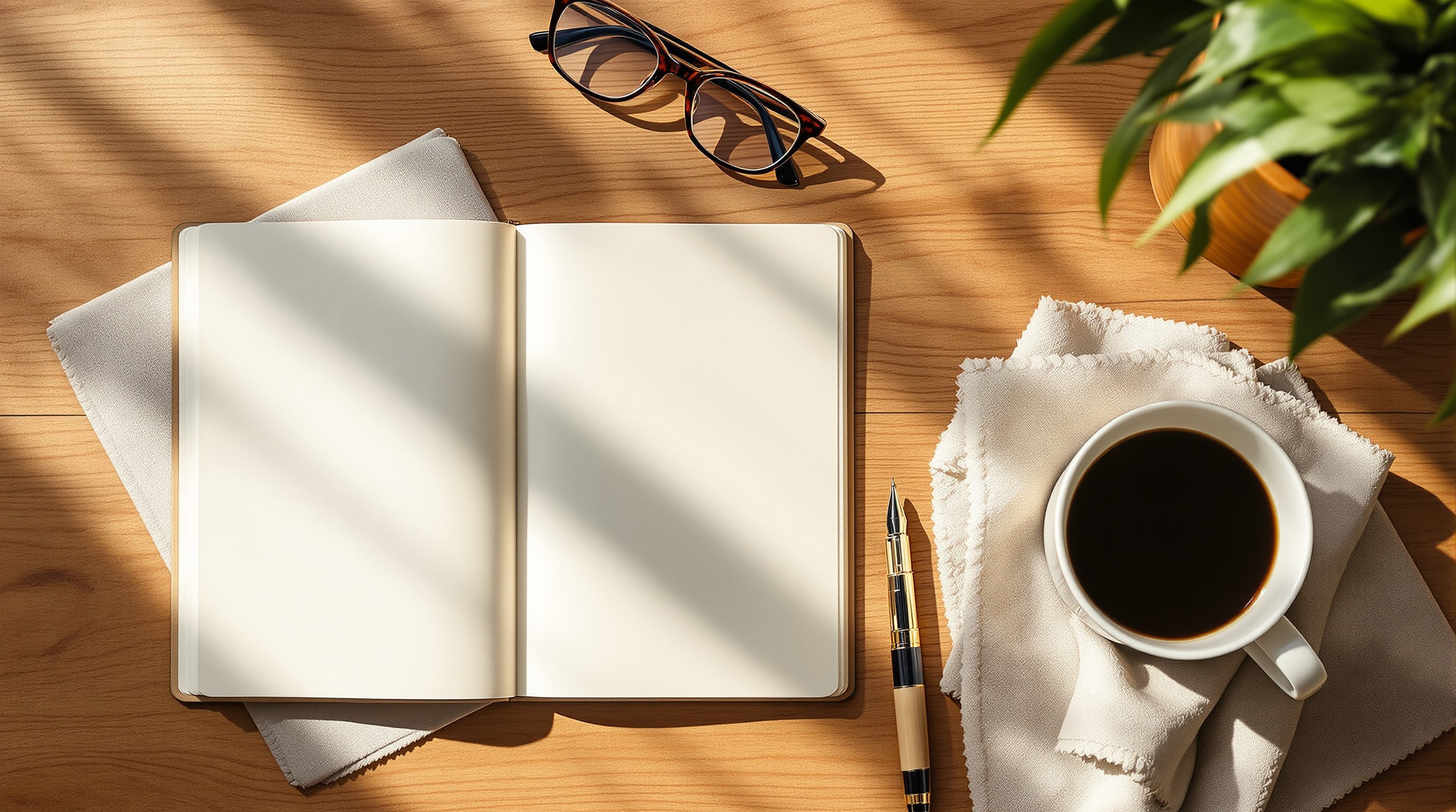 A calm writing desk with an open notebook, fountain pen, reading glasses and a cup of coffee in warm morning light
