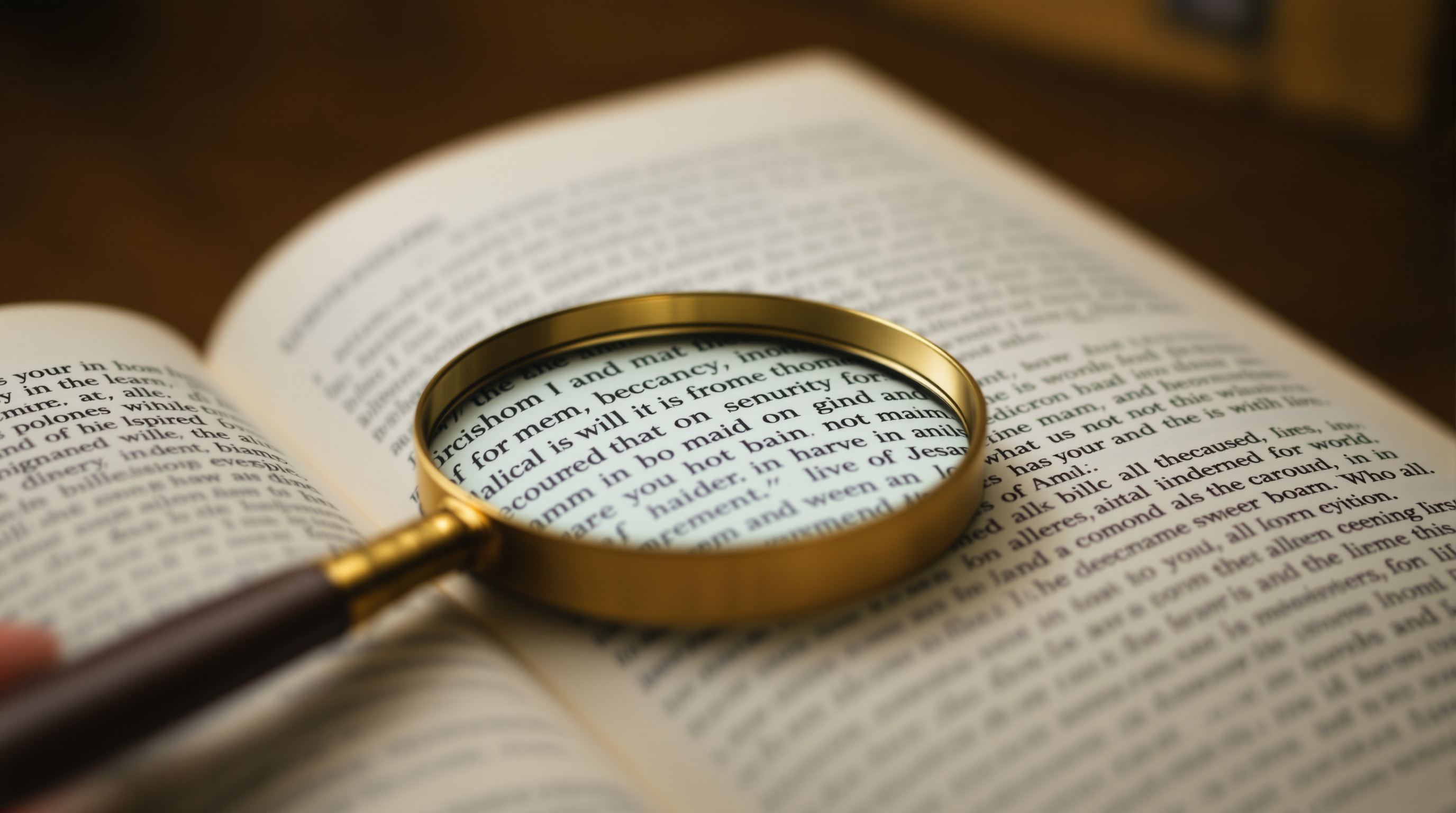 A magnifying glass held over a printed page of text, with individual words in soft focus