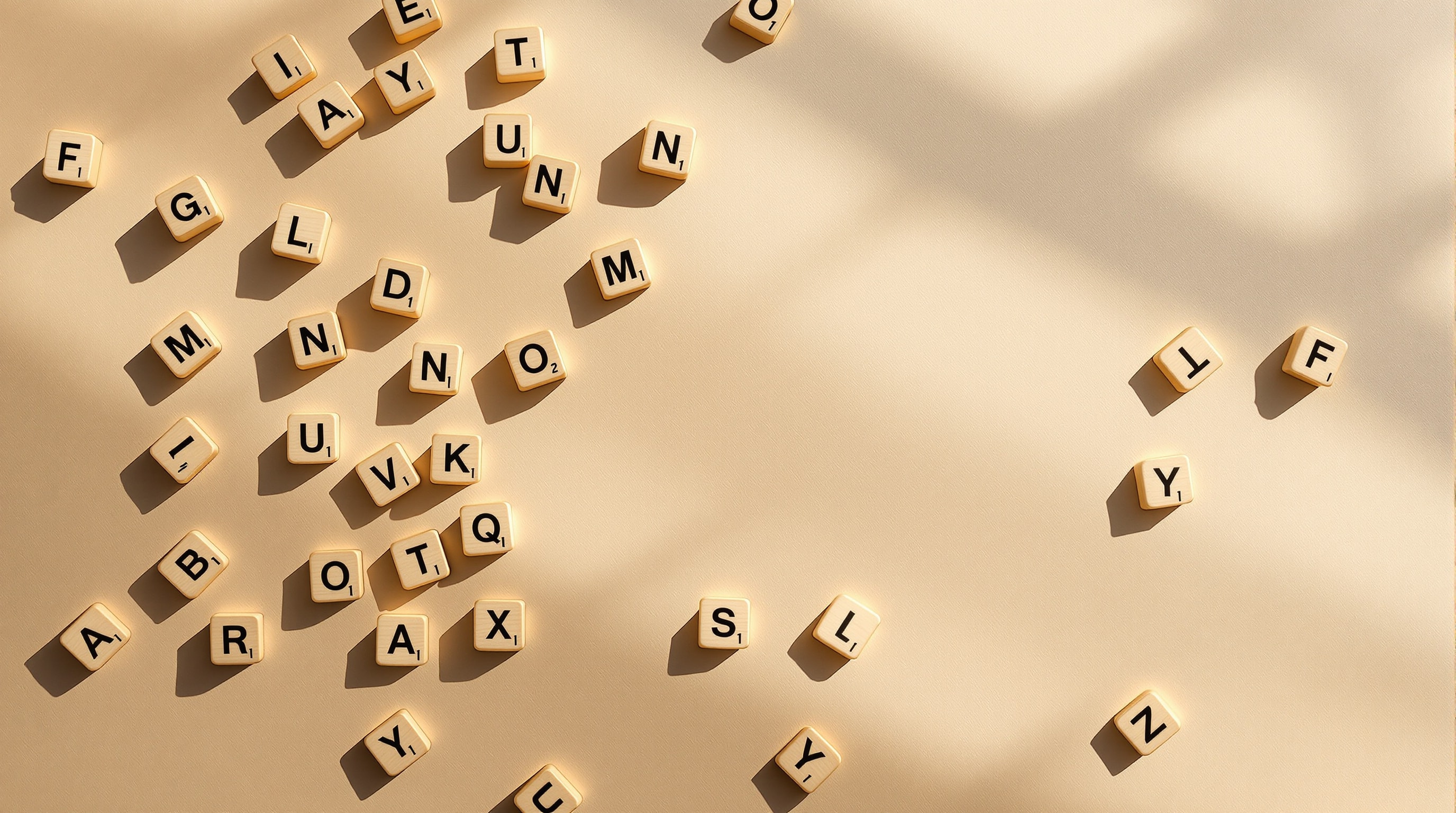 Wooden letter tiles scattered across a table, some grouped into short partial clusters