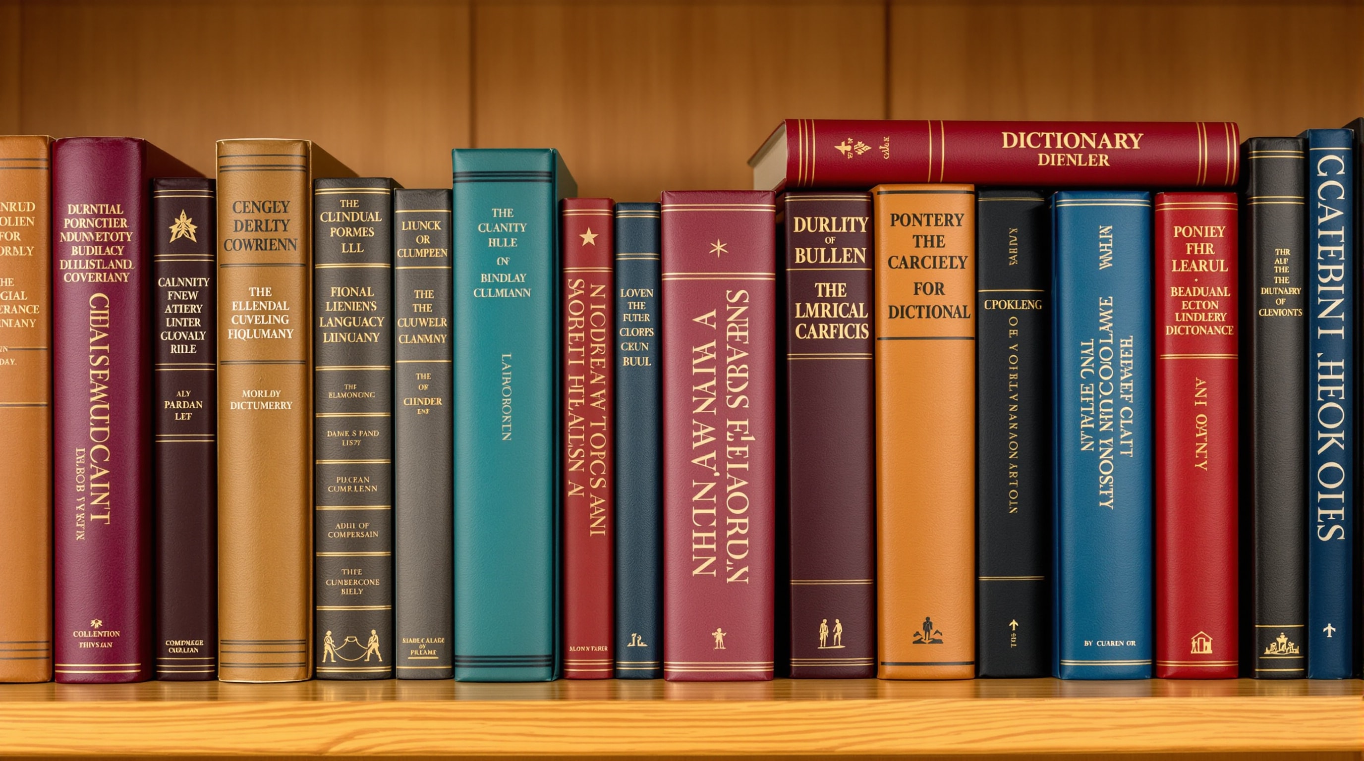 A stack of dictionaries and books in several languages arranged on a wooden shelf