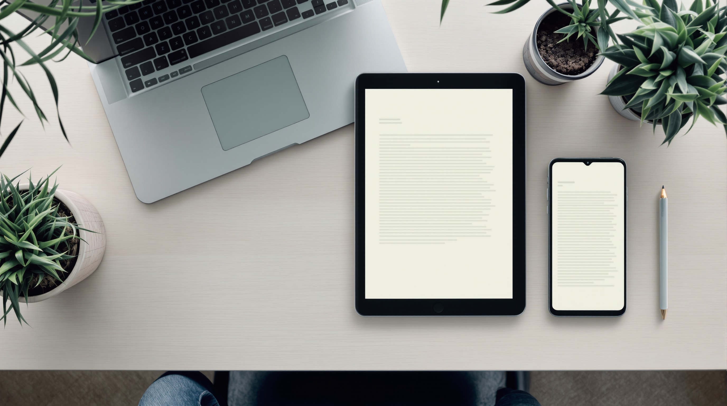 A laptop, tablet and phone arranged on a clean desk, each showing a simple text-editing screen