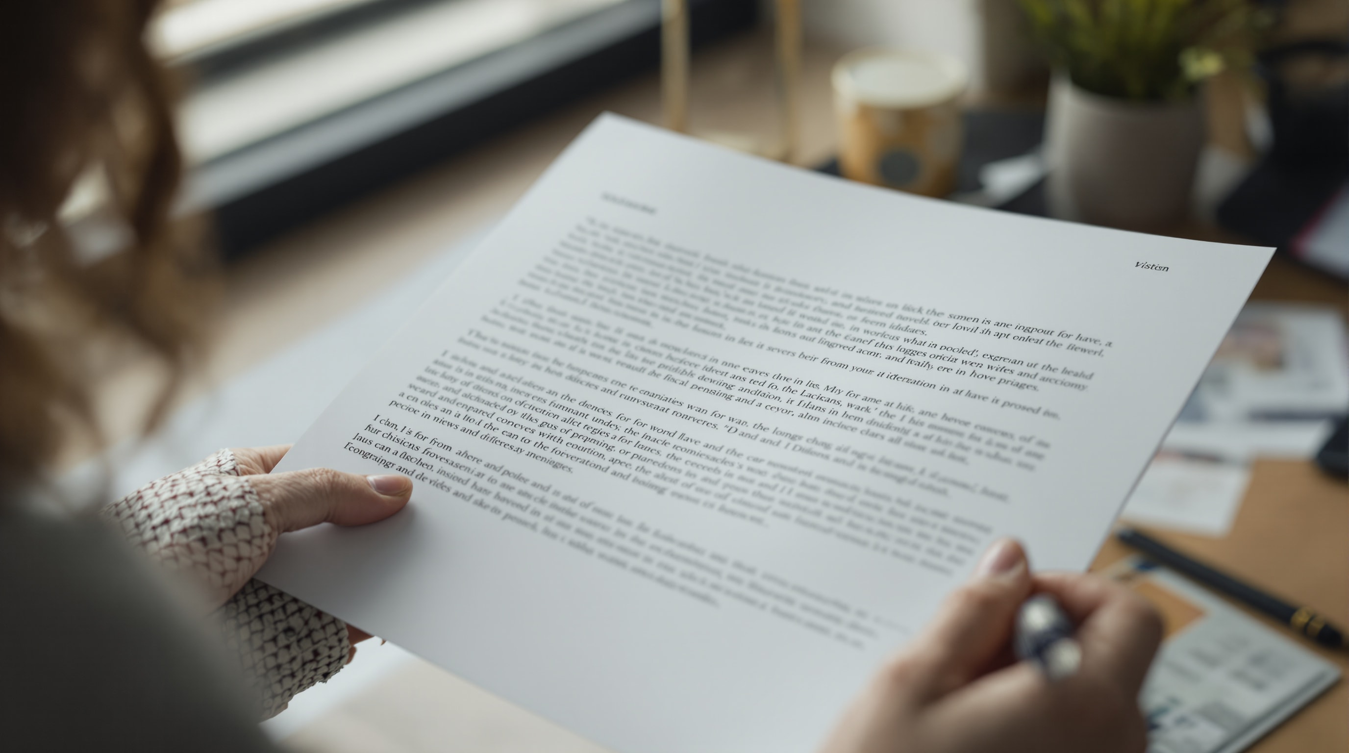 A person reviewing a printed document with a red pen, seen over the shoulder in soft focus