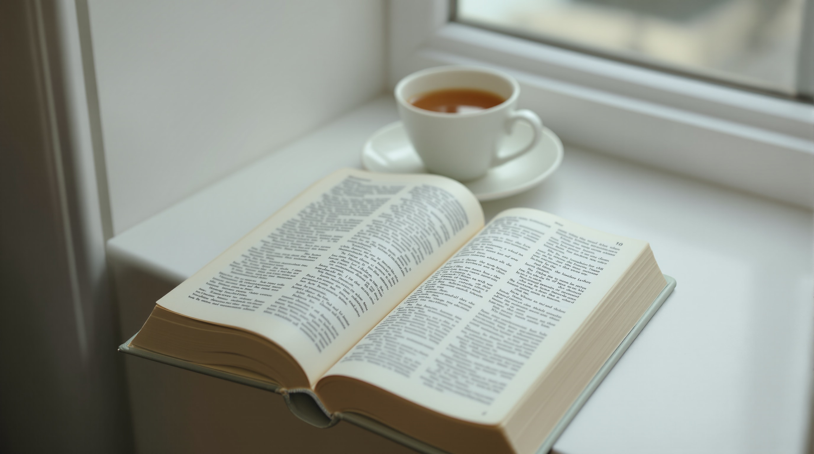 An open dictionary resting on a windowsill beside a cup of tea in soft daylight