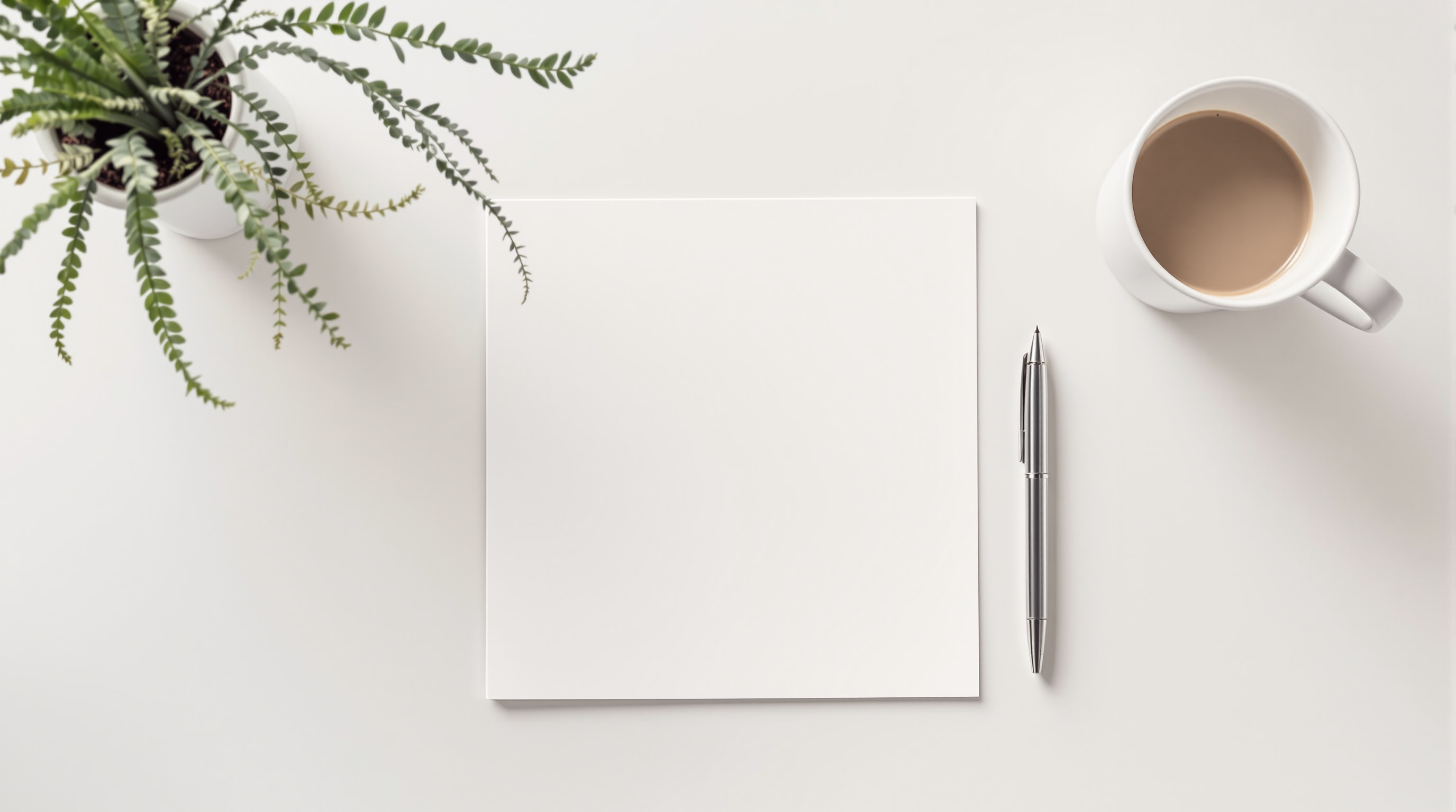 A minimalist desk with a single sheet of paper and a pen, surrounded by clean empty space